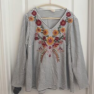 Striped Floral Embroidered Women's Top